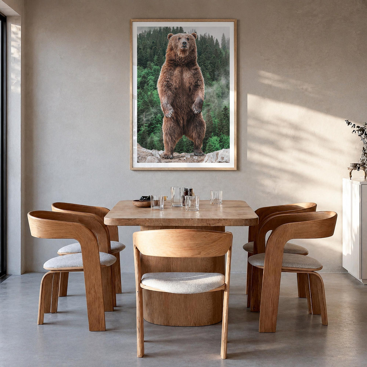Brown Bear no. 1 colorful photo poster – vertical wall art in natural wood frame with white border, hanging on wall