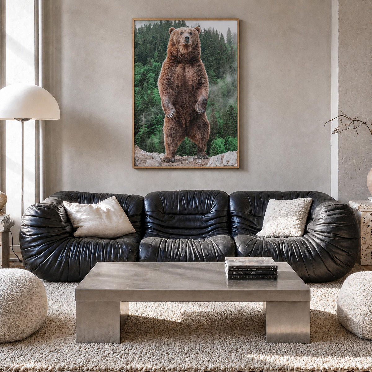 Brown Bear no. 1 colorful photo poster – vertical wall art in natural wood frame, hanging on wall