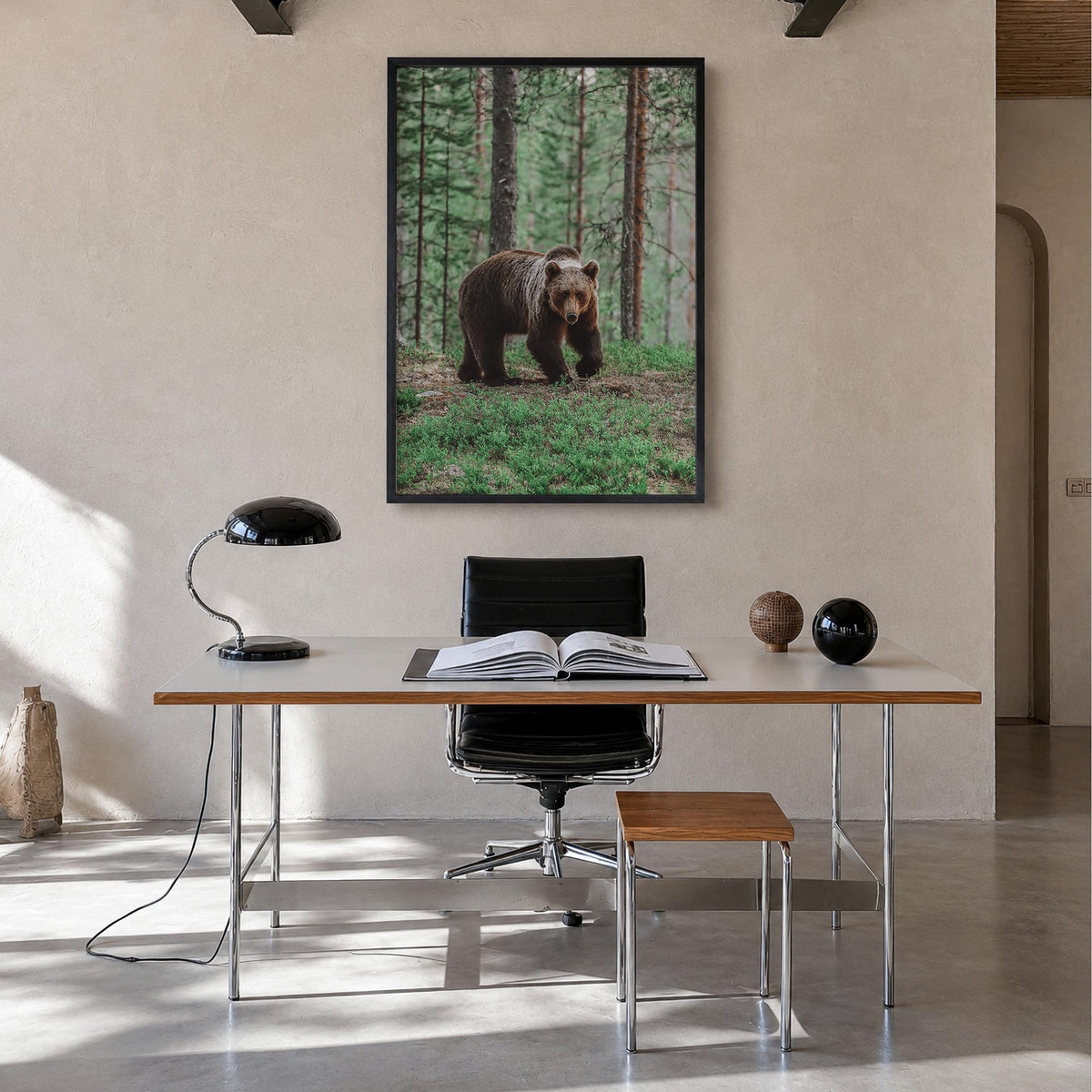 Brown Bear no. 2 colorful photo poster – vertical wall art in black wood frame, hanging on wall
