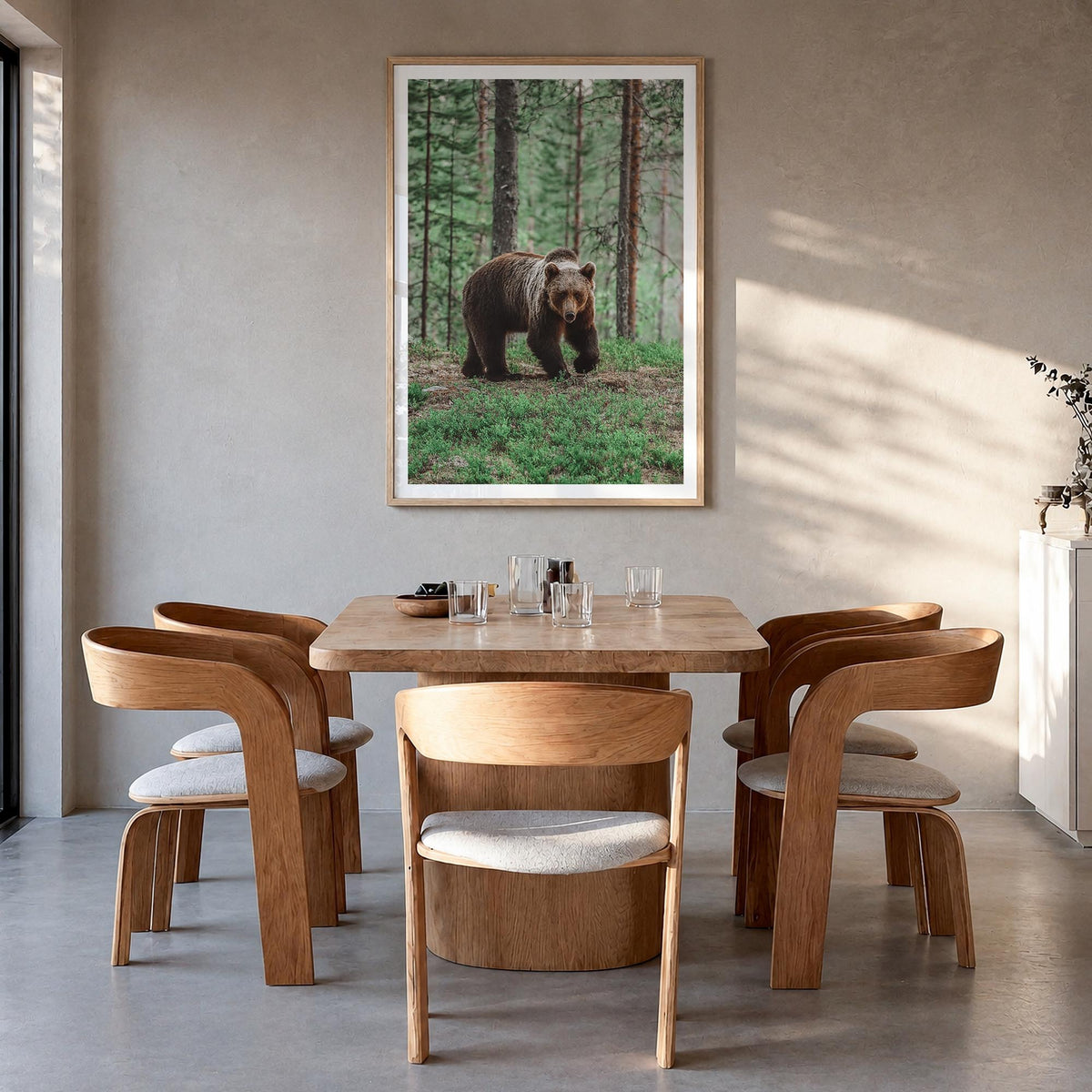Brown Bear no. 2 colorful photo poster – vertical wall art in natural wood frame with white border, hanging on wall