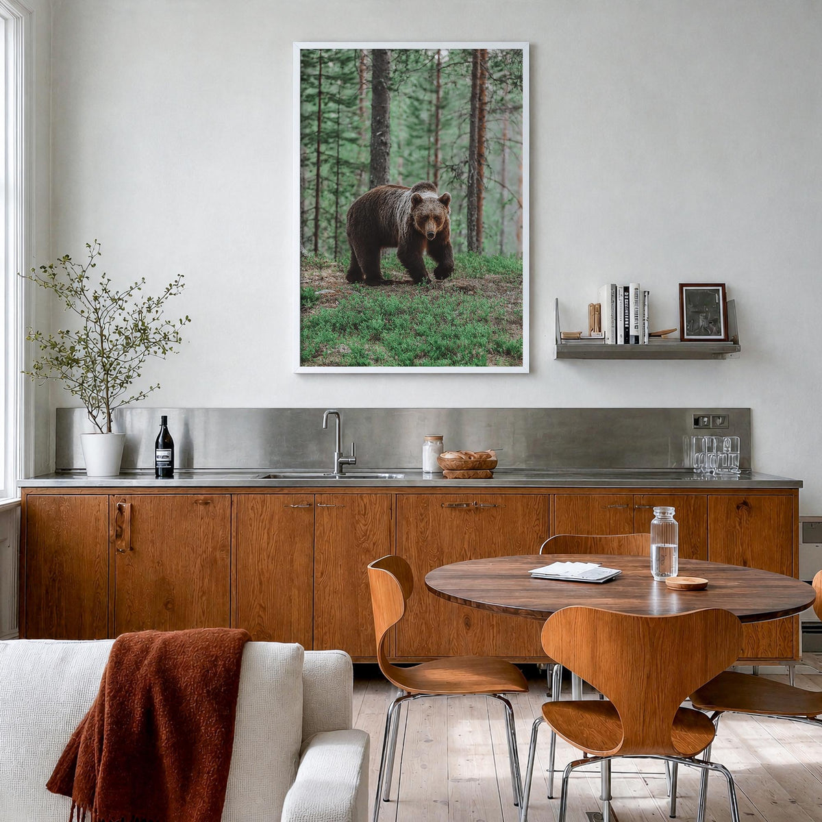 Brown Bear no. 2 colorful photo poster – vertical wall art in white wood frame, hanging on wall