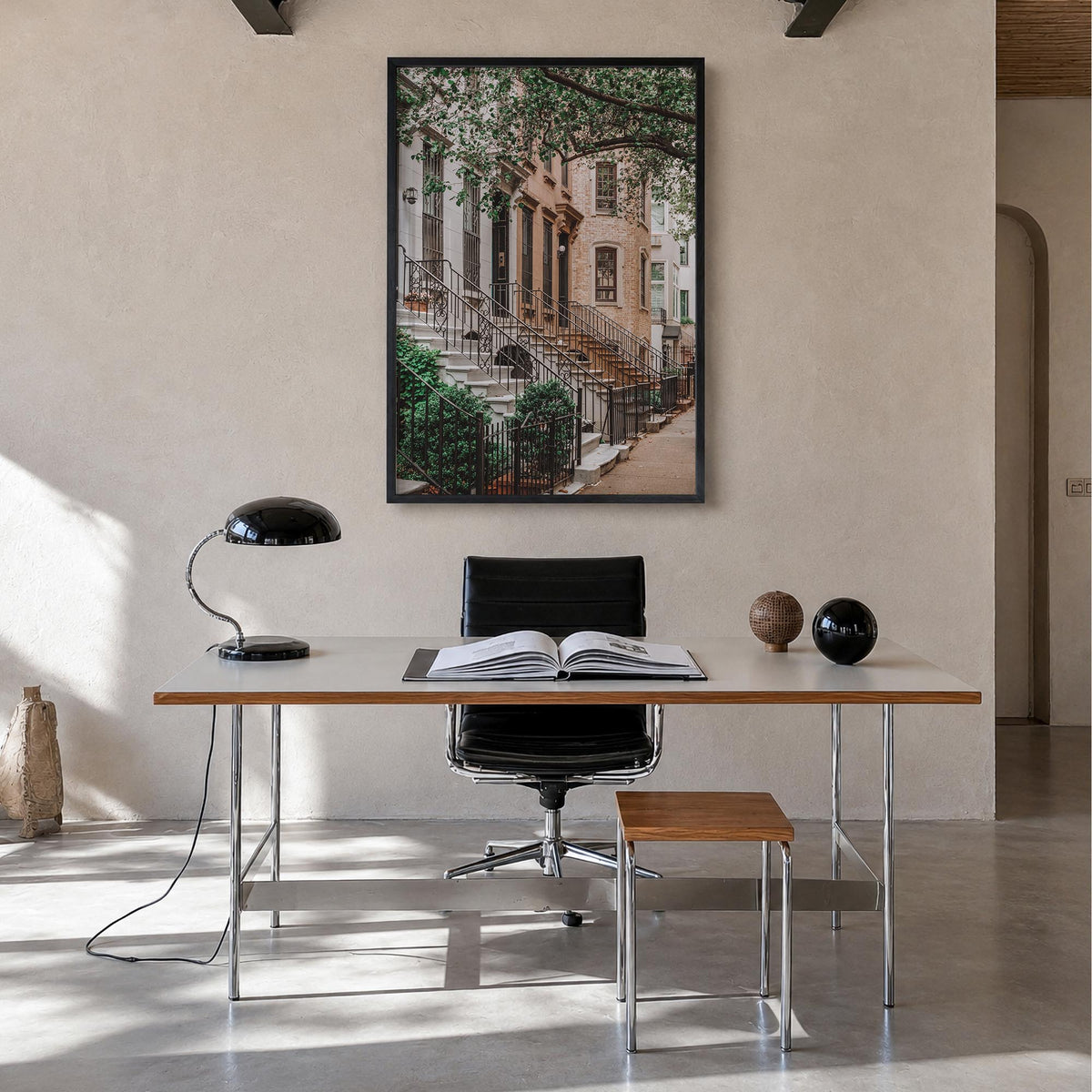 Brownstone colorful photo poster – vertical wall art in black wood frame, hanging on wall