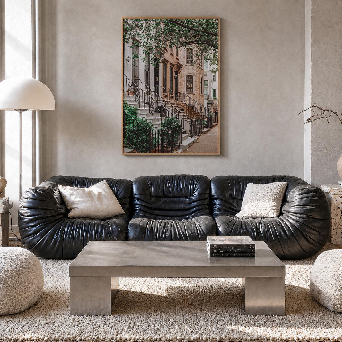 Brownstone colorful photo poster – vertical wall art in natural wood frame, hanging on wall