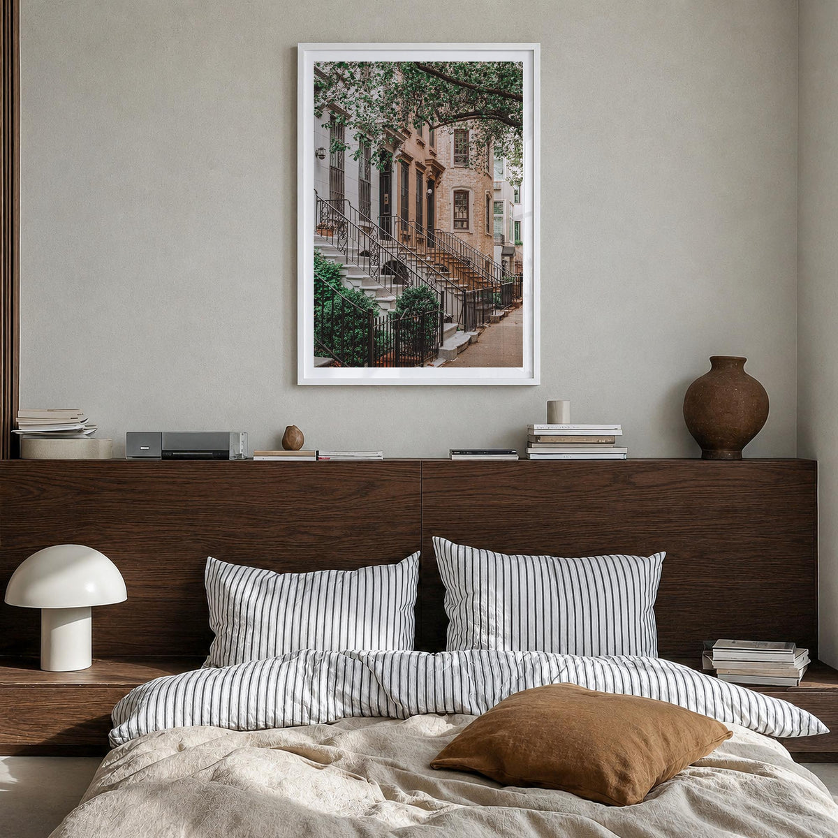 Brownstone colorful photo poster – vertical wall art in white wood frame with white border, hanging on wall