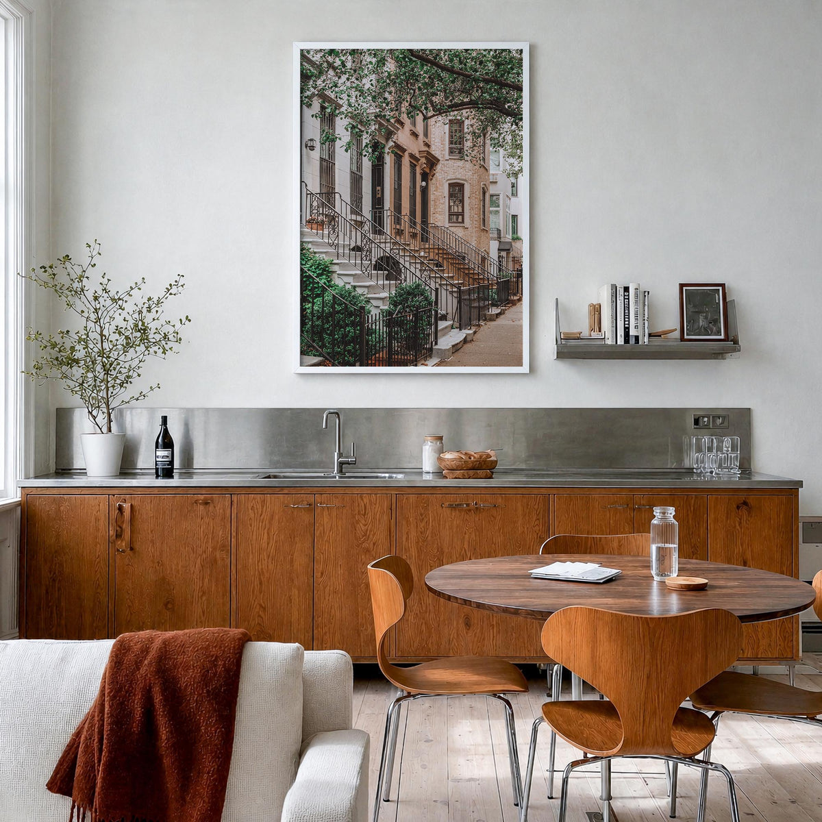 Brownstone colorful photo poster – vertical wall art in white wood frame, hanging on wall