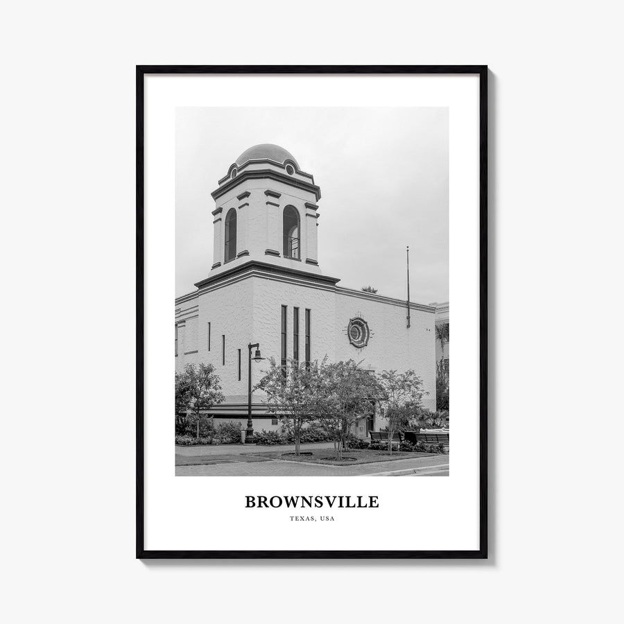 Brownsville black & white classic poster of Texas, USA – vertical wall art, unframed print shown in interior mockup