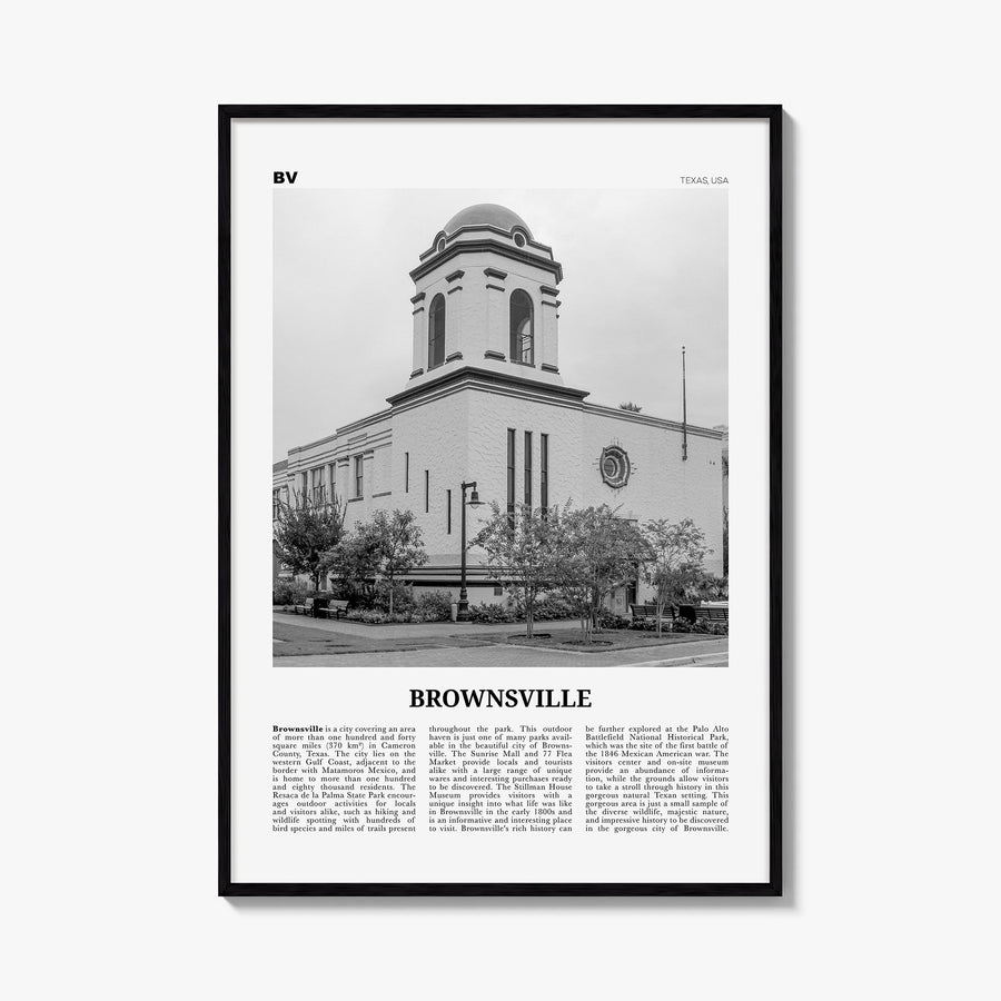Brownsville black & white newspaper poster of Texas, USA – vertical wall art, unframed print shown in interior mockup