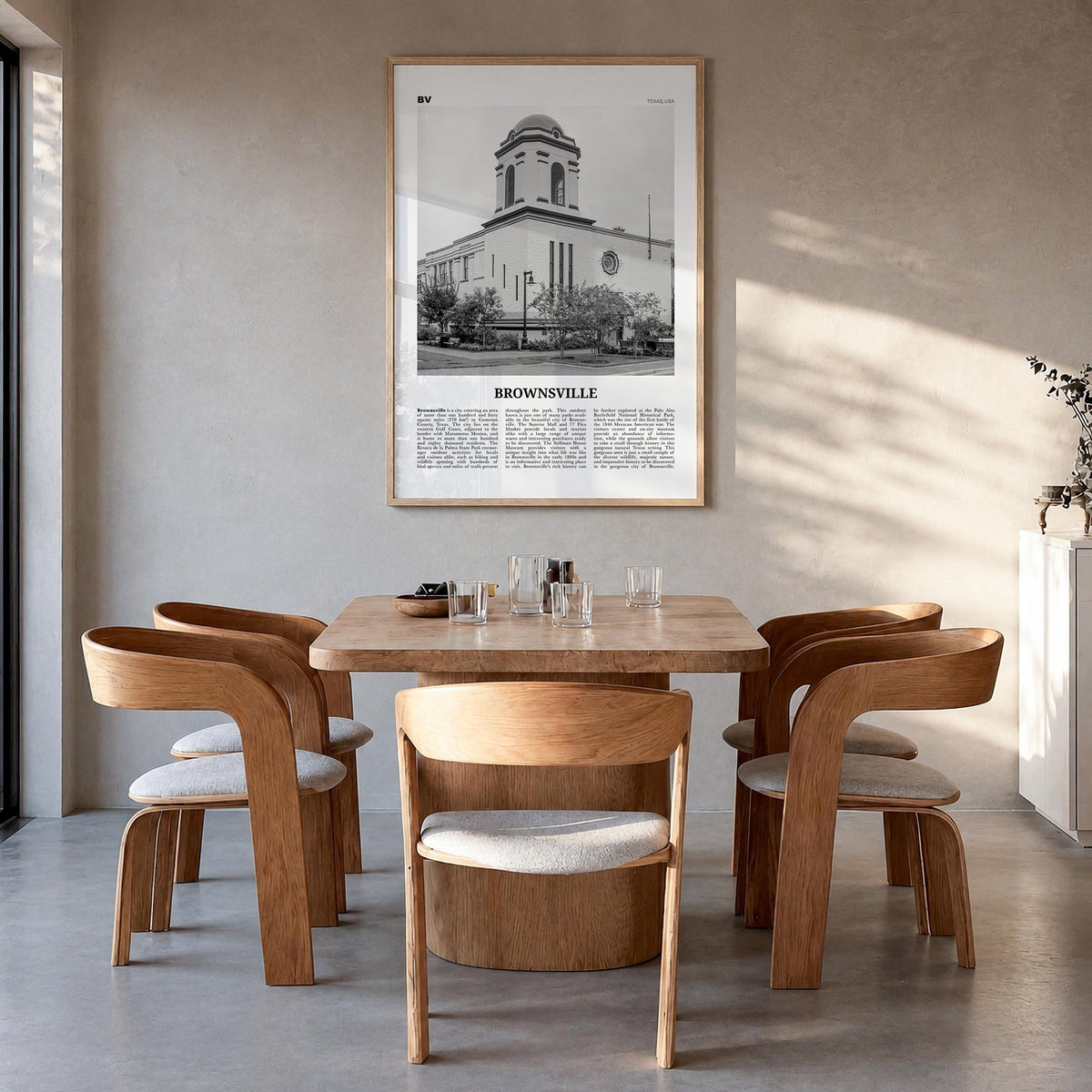 Brownsville black & white newspaper poster of Texas, USA – vertical wall art in natural wood frame, hanging on wall