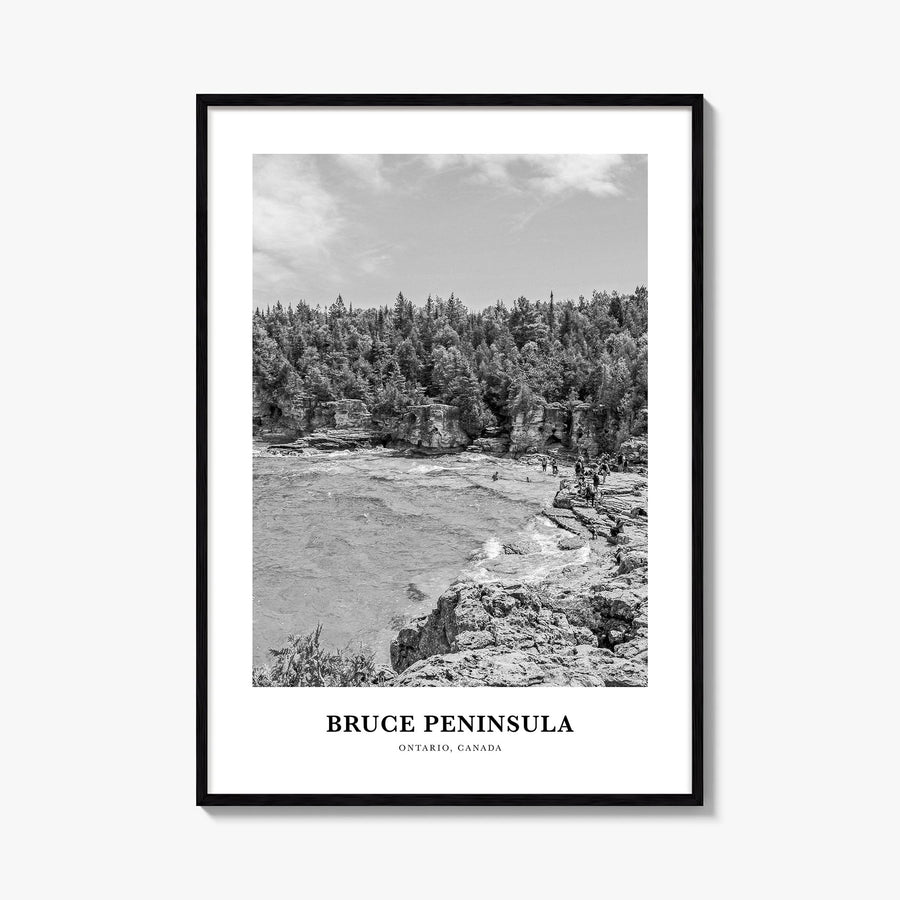 Bruce Peninsula black & white classic poster of Ontario, Canada – vertical wall art, unframed print shown in interior mockup
