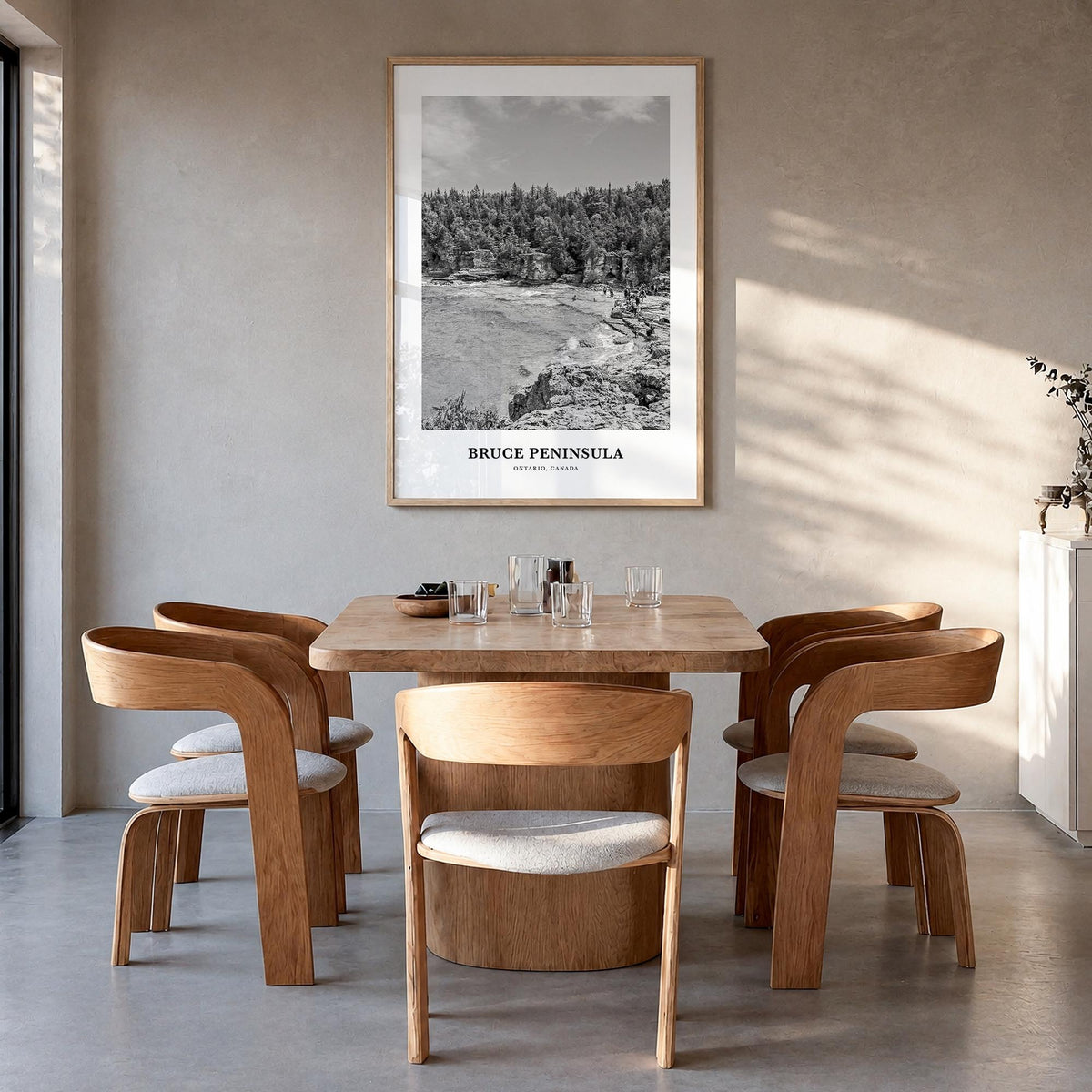 Bruce Peninsula black & white classic poster of Ontario, Canada – vertical wall art in natural wood frame, hanging on wall