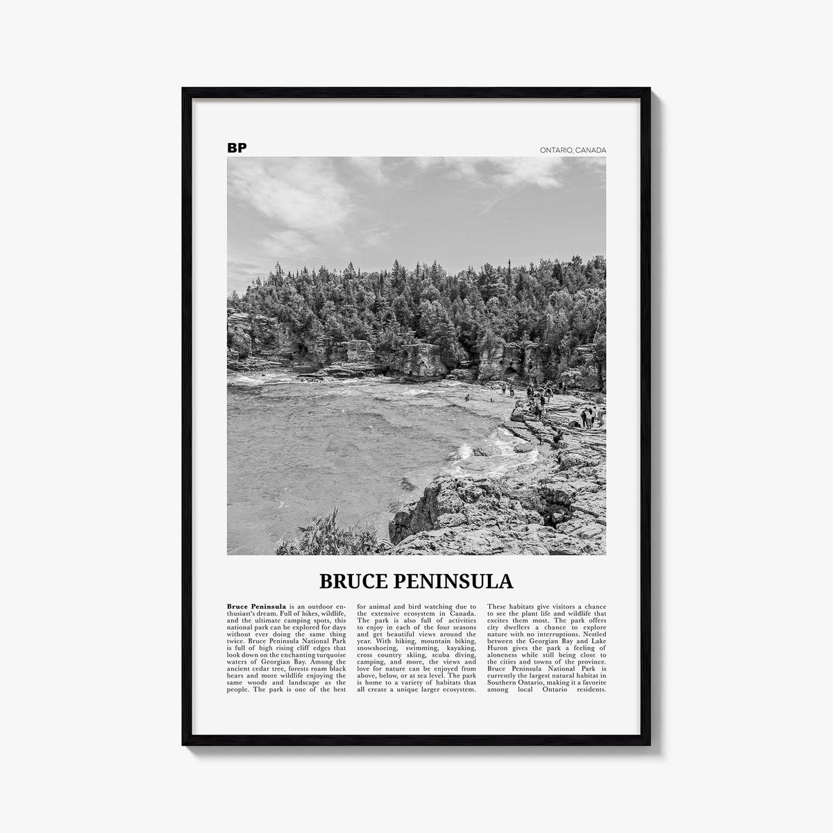 Bruce Peninsula black & white newspaper poster of Ontario, Canada – vertical wall art, unframed print shown in interior mocku