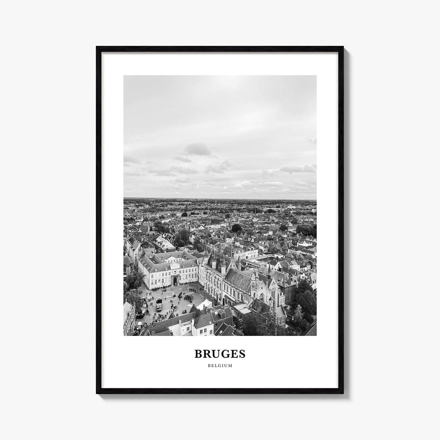 Bruges black & white classic poster of Belgium – vertical wall art, unframed print shown in interior mockup