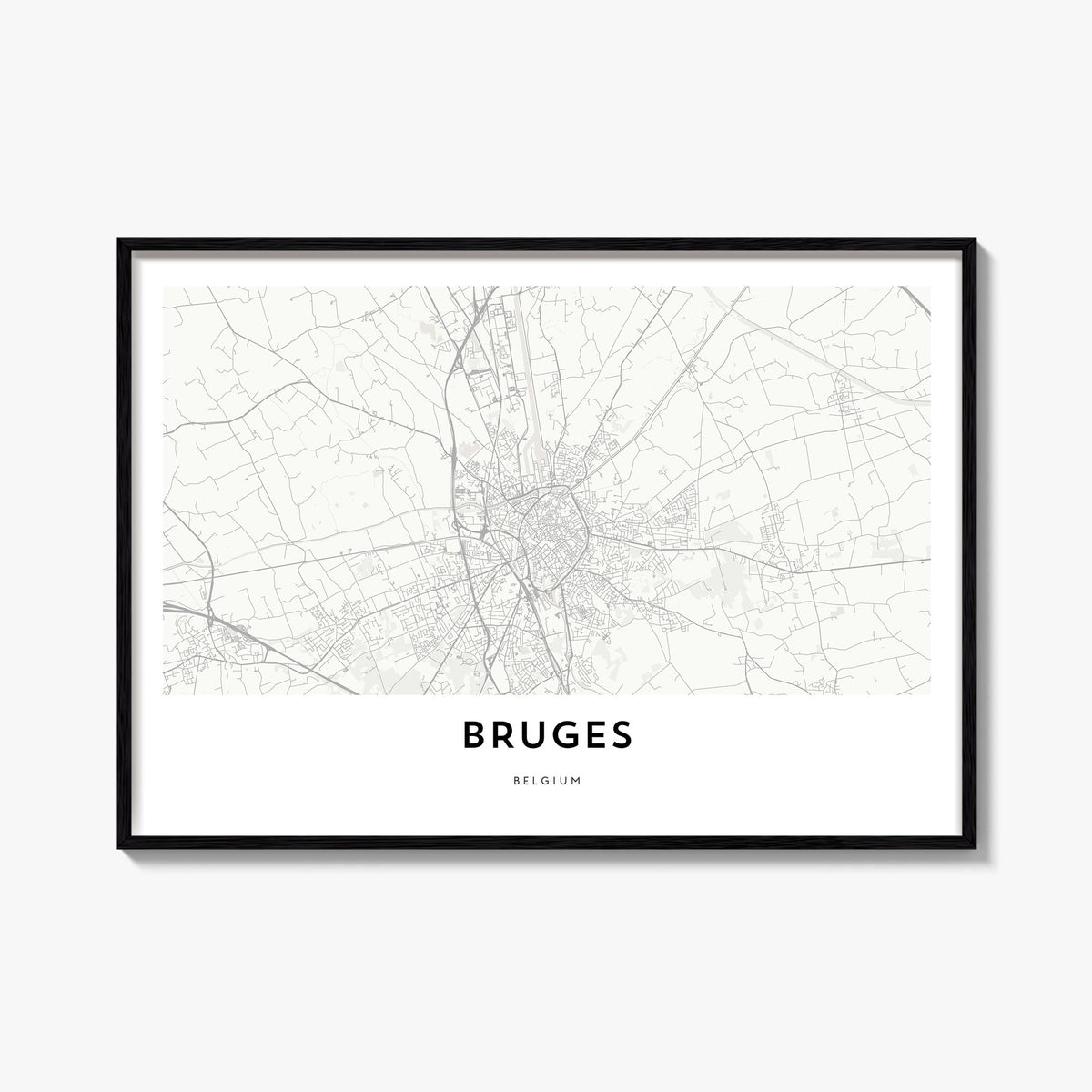 Bruges black & white map poster of Belgium – horizontal wall art, unframed print shown in interior mockup
