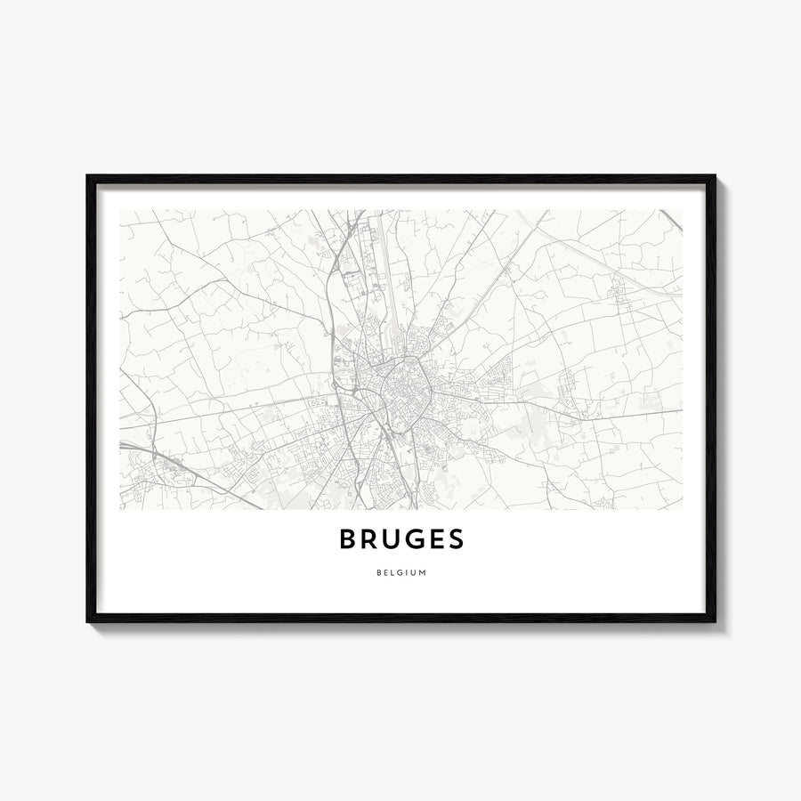 Bruges black & white map poster of Belgium – horizontal wall art, unframed print shown in interior mockup