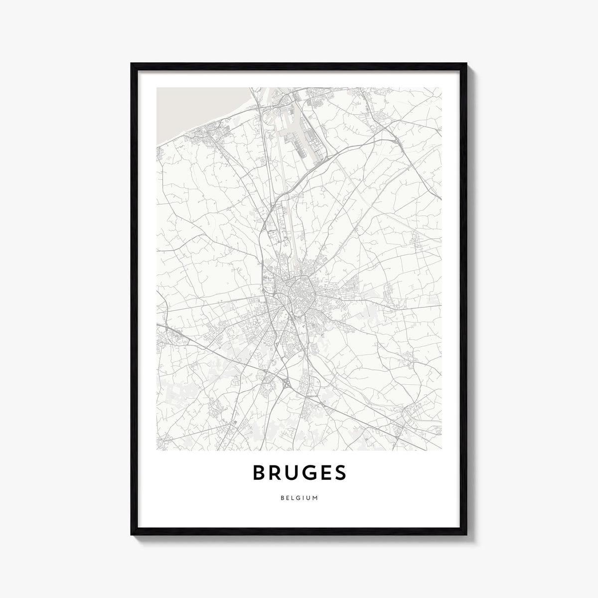 Bruges black & white map poster of Belgium – vertical wall art, unframed print shown in interior mockup
