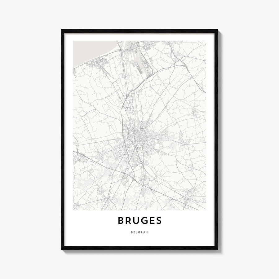 Bruges black & white map poster of Belgium – vertical wall art, unframed print shown in interior mockup
