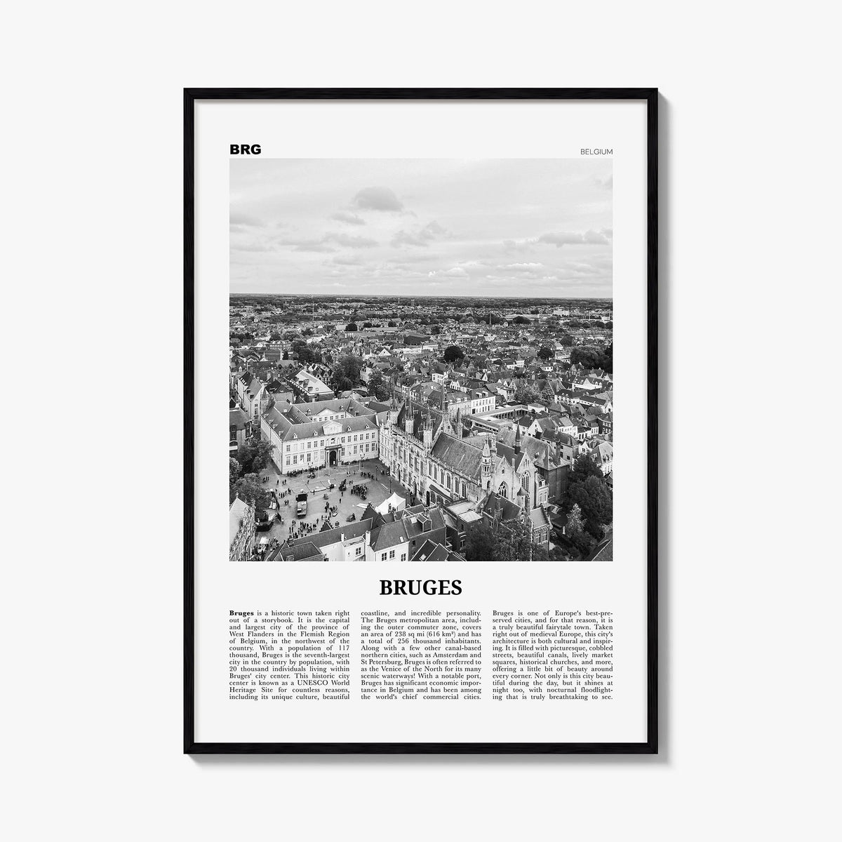 Bruges black & white newspaper poster of Belgium – vertical wall art, unframed print shown in interior mockup