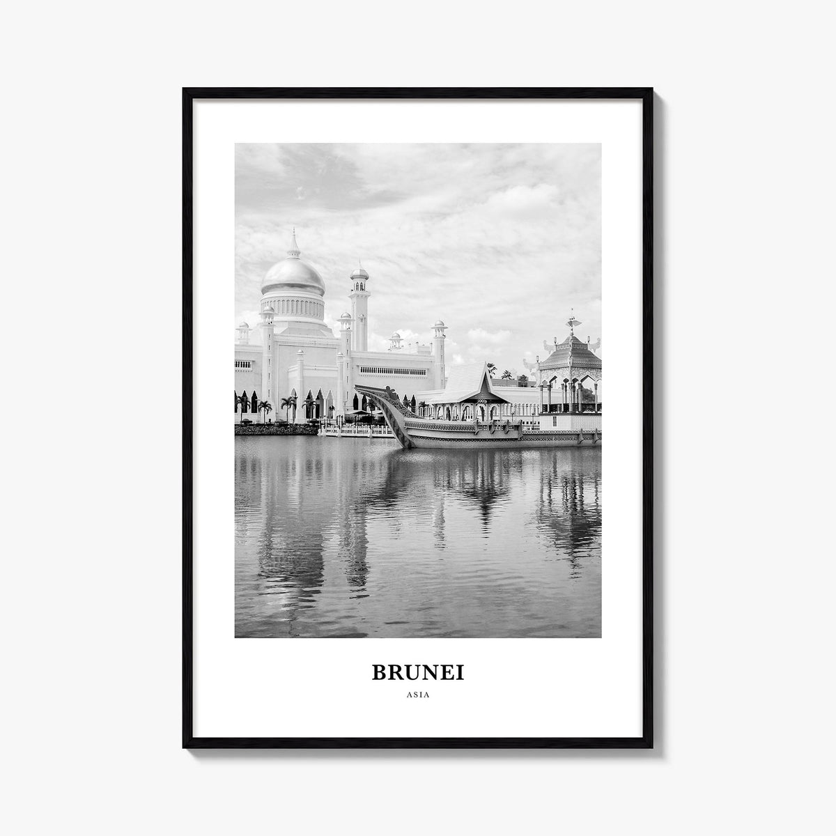 Brunei black & white classic poster of Asia – vertical wall art, unframed print shown in interior mockup