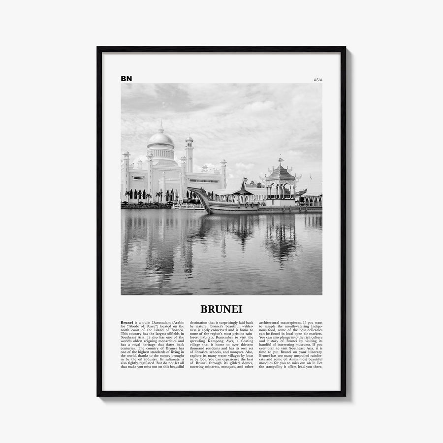 Brunei black & white newspaper poster of Asia – vertical wall art, unframed print shown in interior mockup