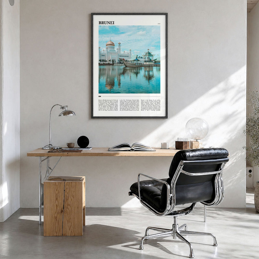 Brunei Travel Poster in a black wood frame, hanging in a bright home office