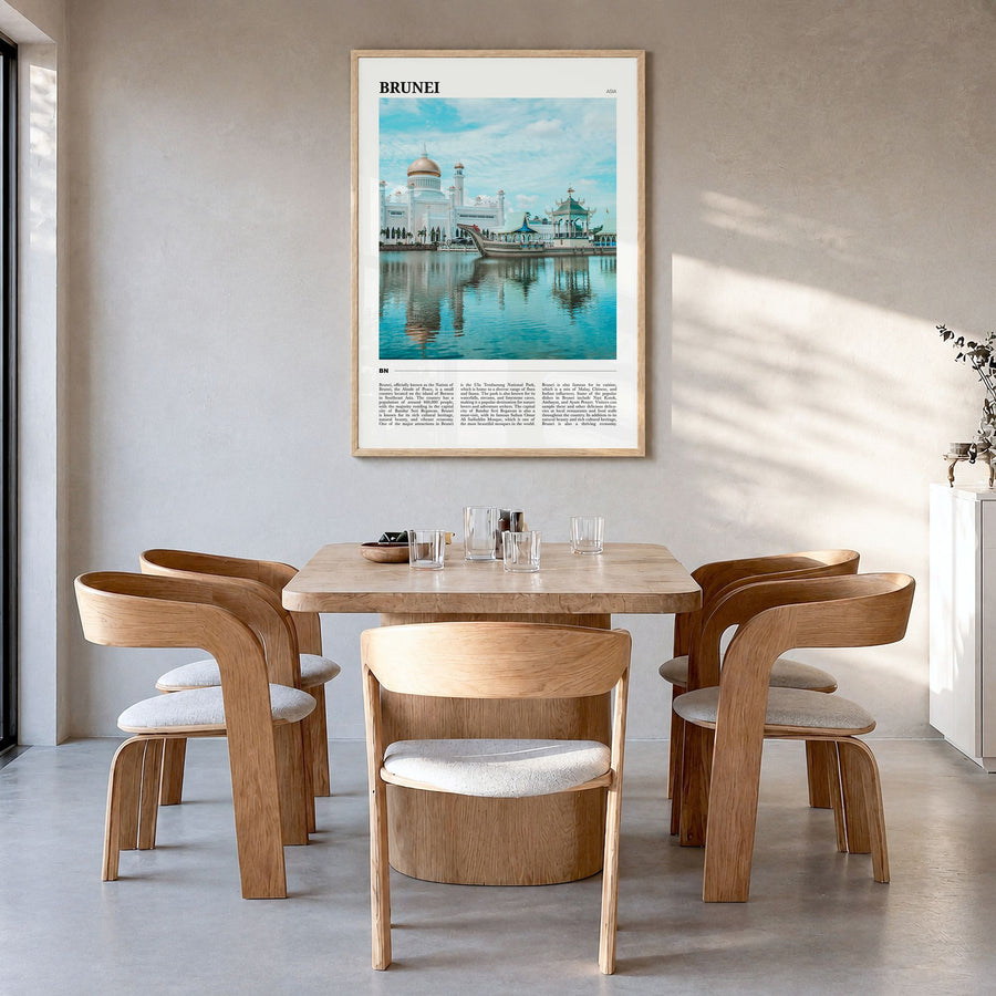 Brunei Travel Poster in a natural wood frame, hanging in a dining room