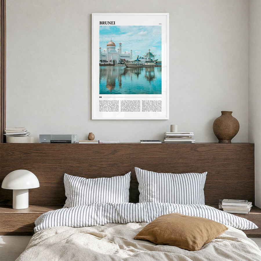 Brunei Travel Poster in a white wood frame, hanging in a bedroom
