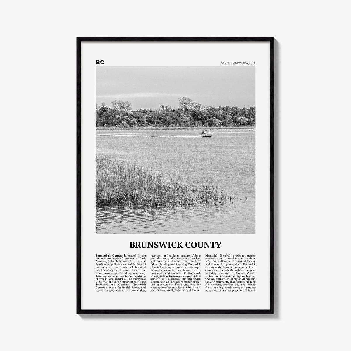 Brunswick County black & white newspaper poster of North Carolina, USA – vertical wall art, unframed print shown in interior 