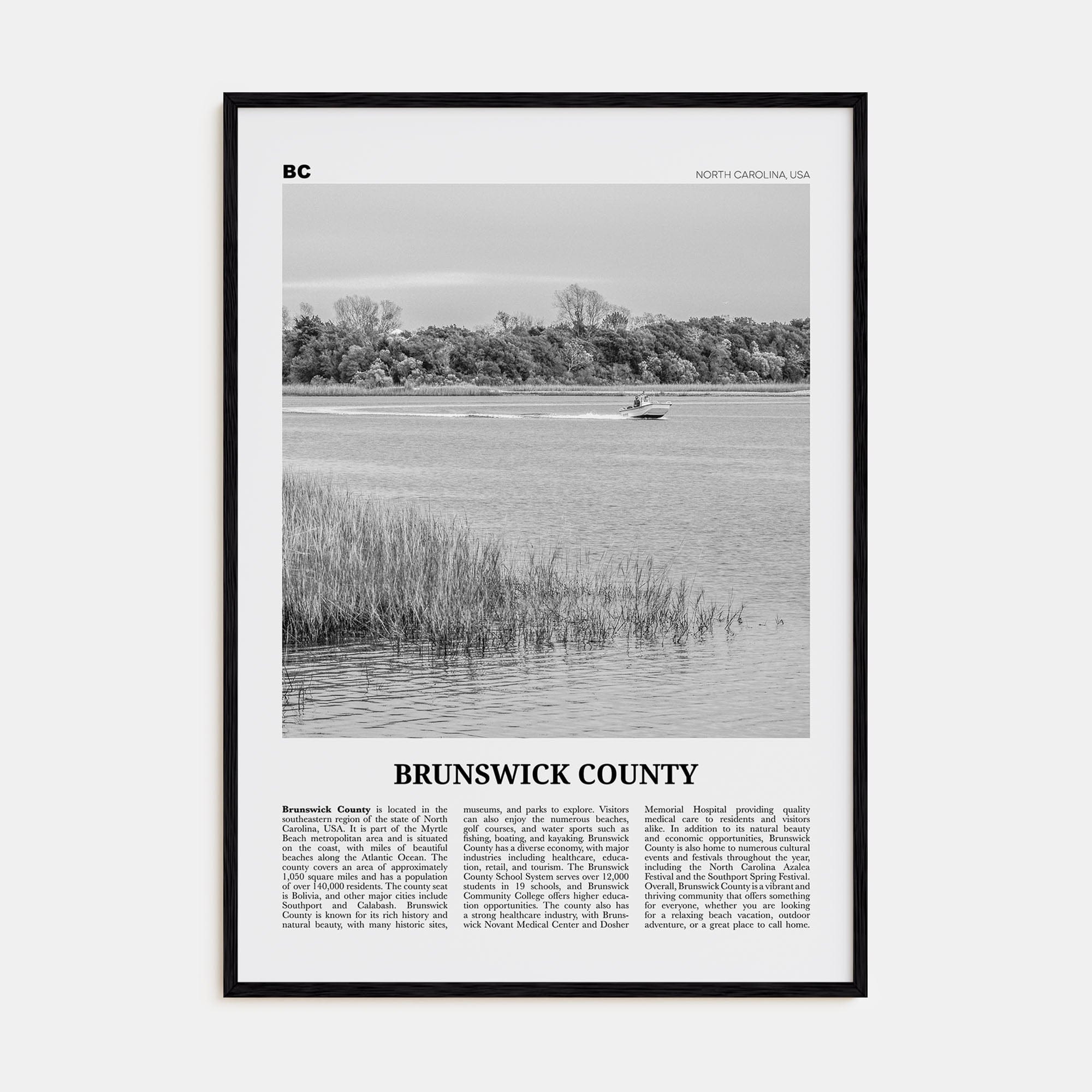 Brunswick County Poster Black Wood / 8x12 in Nbourhood Travel B&W Poster