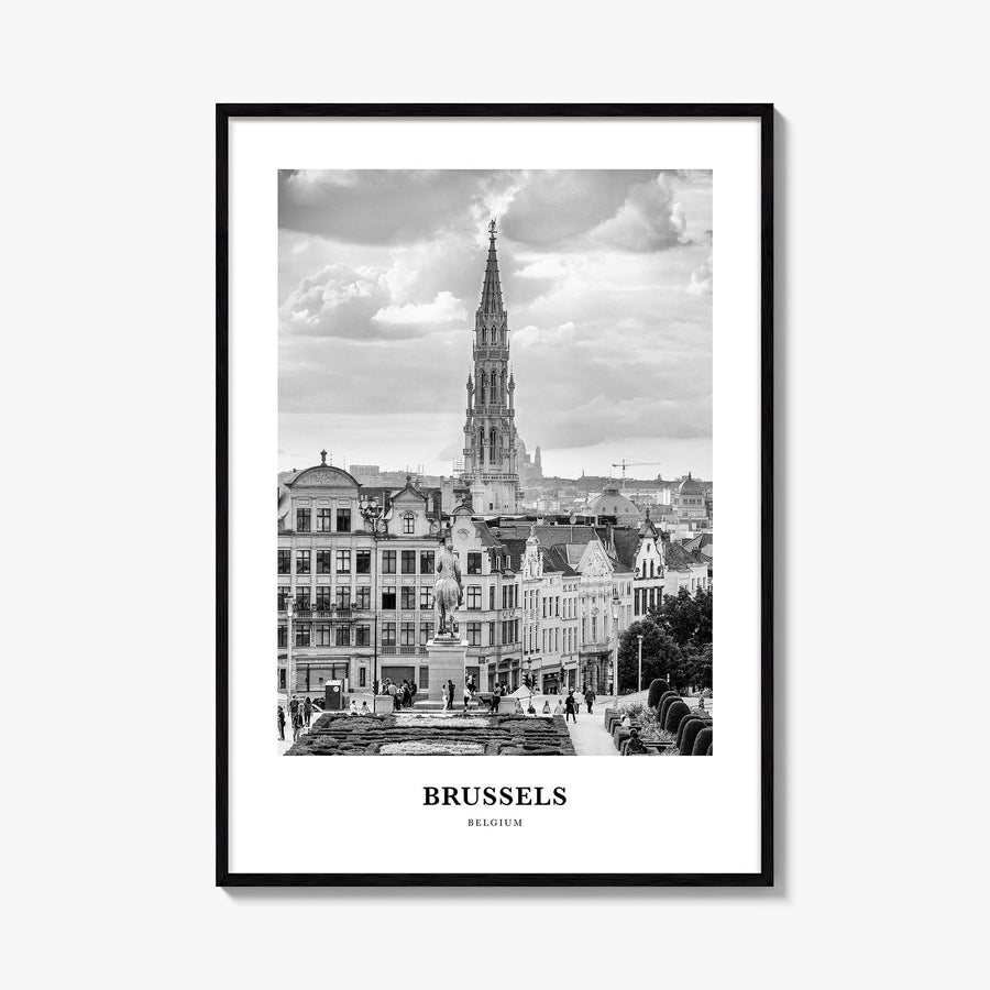 Brussels black & white classic poster of Belgium – vertical wall art, unframed print shown in interior mockup