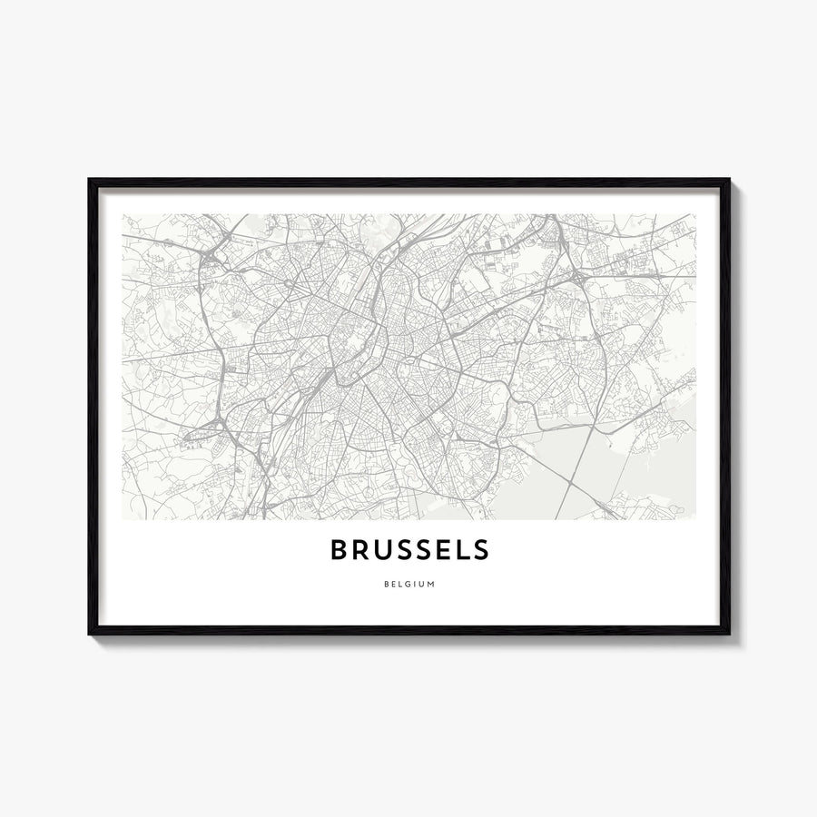 Brussels black & white map poster of Belgium – horizontal wall art, unframed print shown in interior mockup