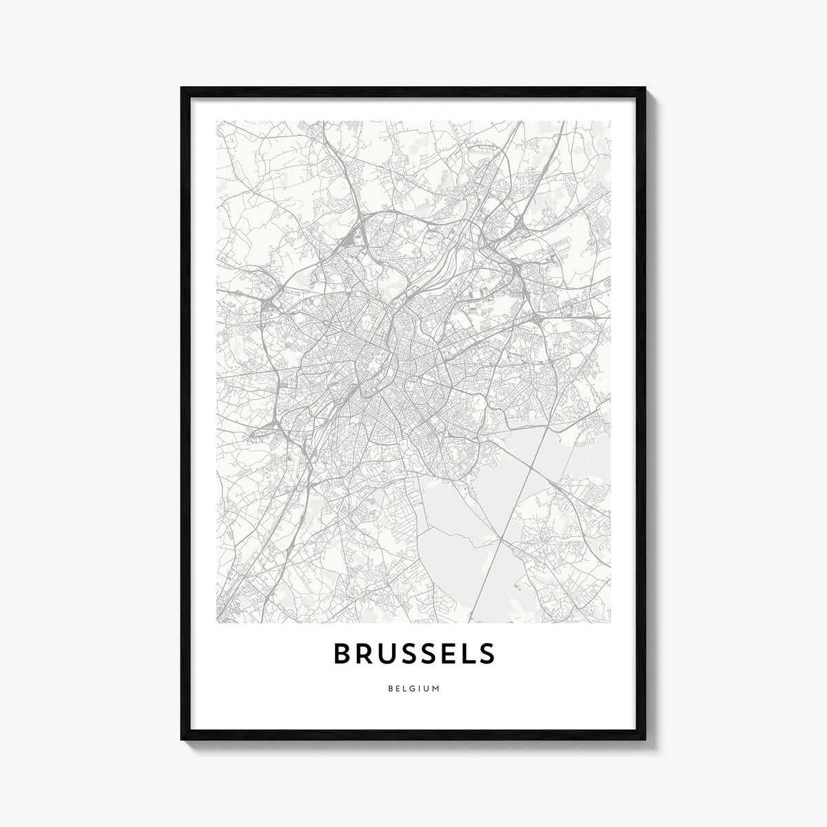 Brussels black & white map poster of Belgium – vertical wall art, unframed print shown in interior mockup