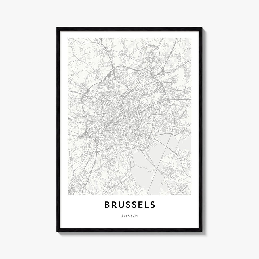 Brussels black & white map poster of Belgium – vertical wall art, unframed print shown in interior mockup