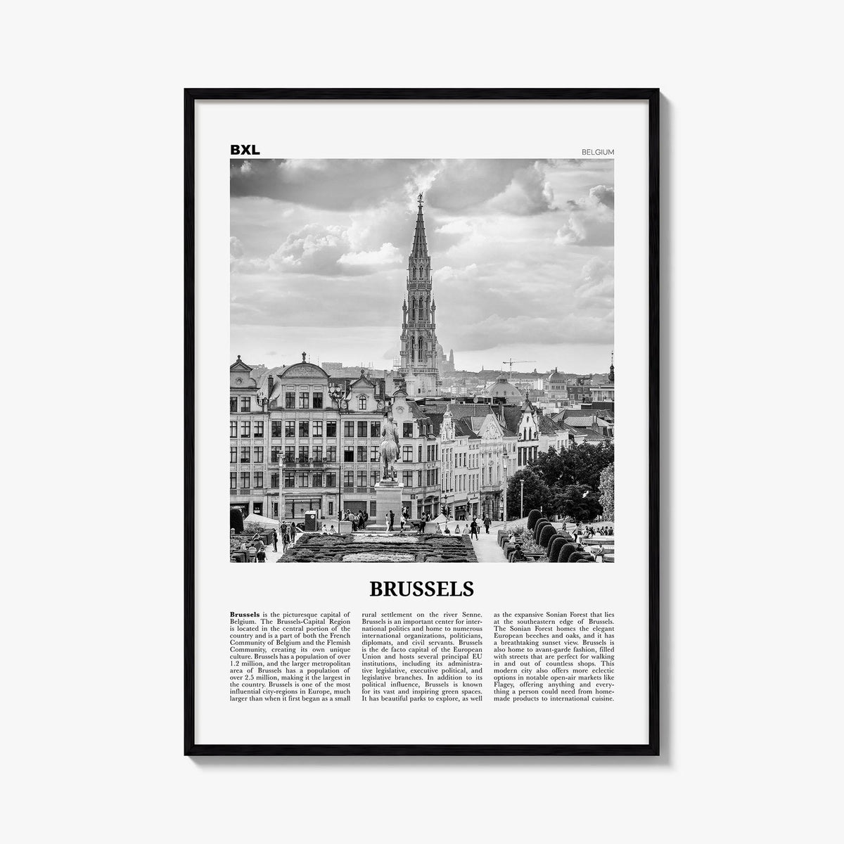 Brussels no. 1 black & white newspaper poster of Belgium – vertical wall art, unframed print shown in interior mockup