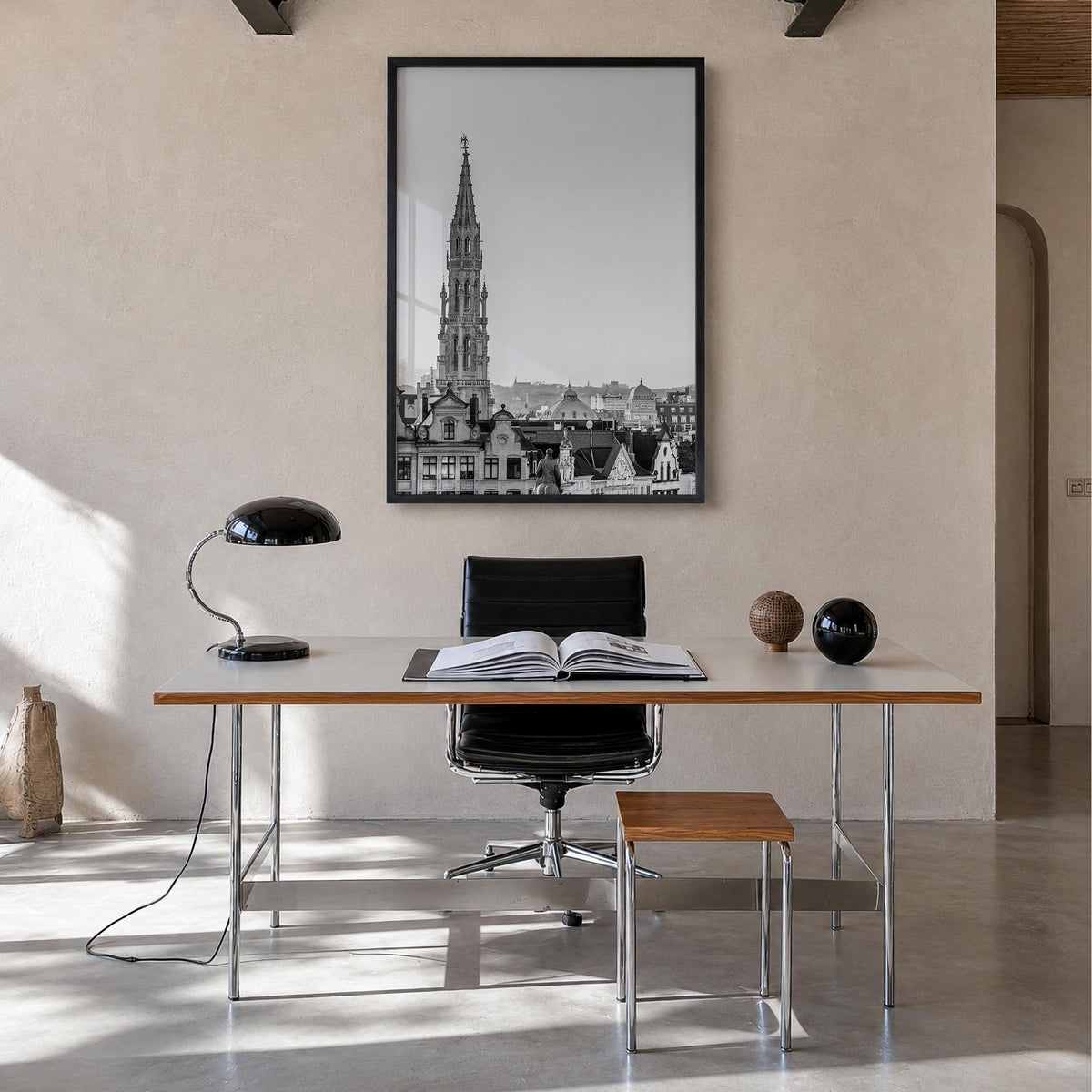Brussels black & white photo poster of Belgium – vertical wall art in black wood frame, hanging on wall