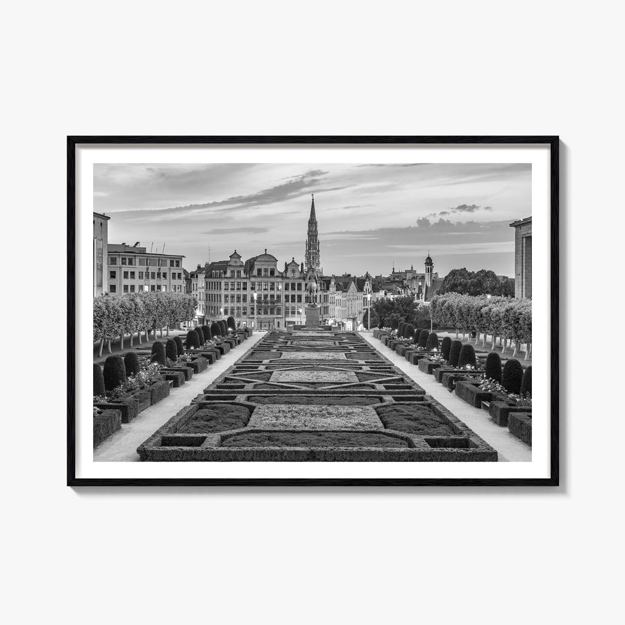 Brussels black & white photo poster of Belgium – horizontal wall art, unframed print shown in interior mockup