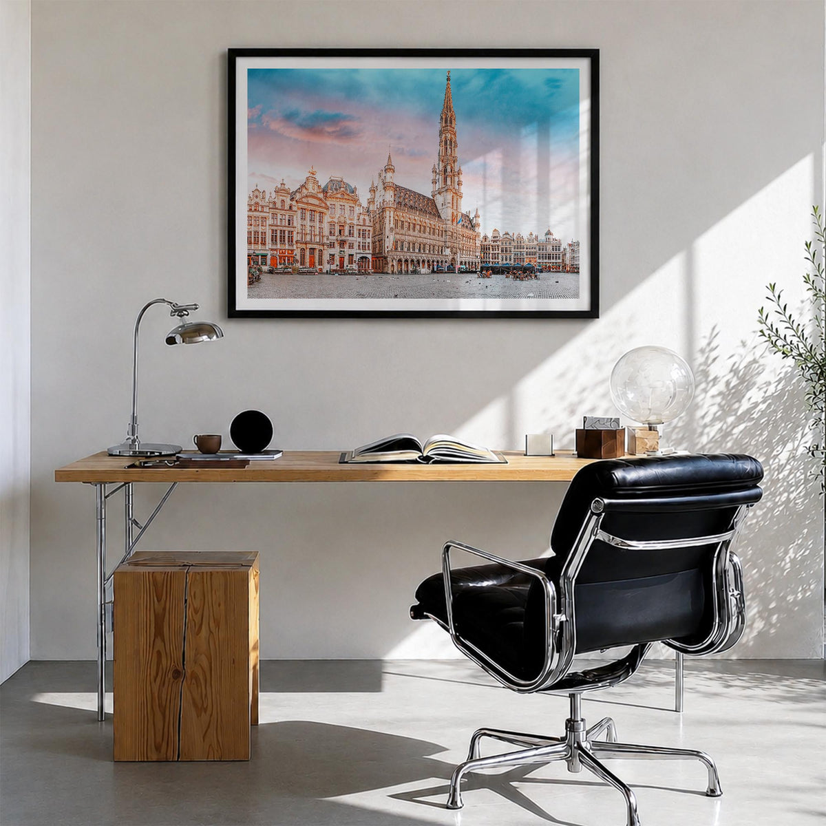 Brussels colorful photo poster of Belgium – horizontal wall art in black wood frame with white border, hanging on wall