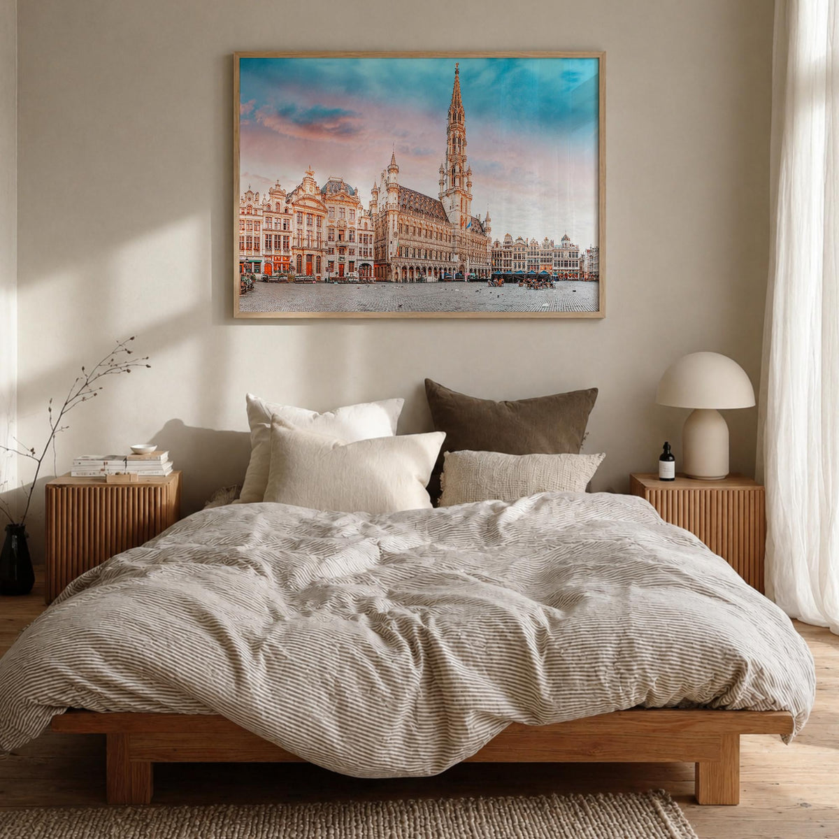 Brussels colorful photo poster of Belgium – horizontal wall art in natural wood frame, hanging on wall