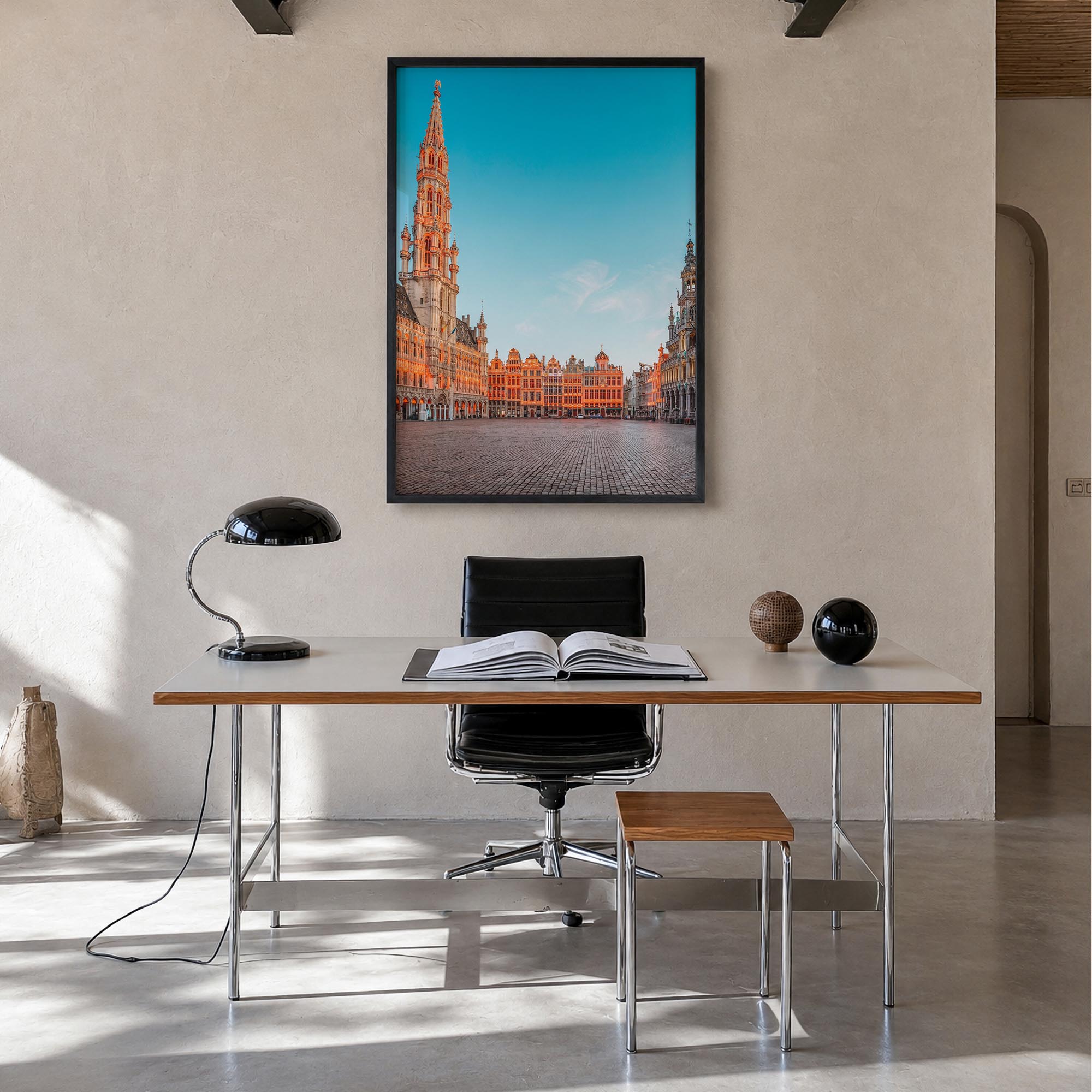 Brussels no. 1 colorful photo poster of Belgium – vertical wall art in black wood frame, hanging on wall