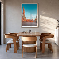 Brussels no. 1 colorful photo poster of Belgium – vertical wall art in natural wood frame with white border, hanging on wall