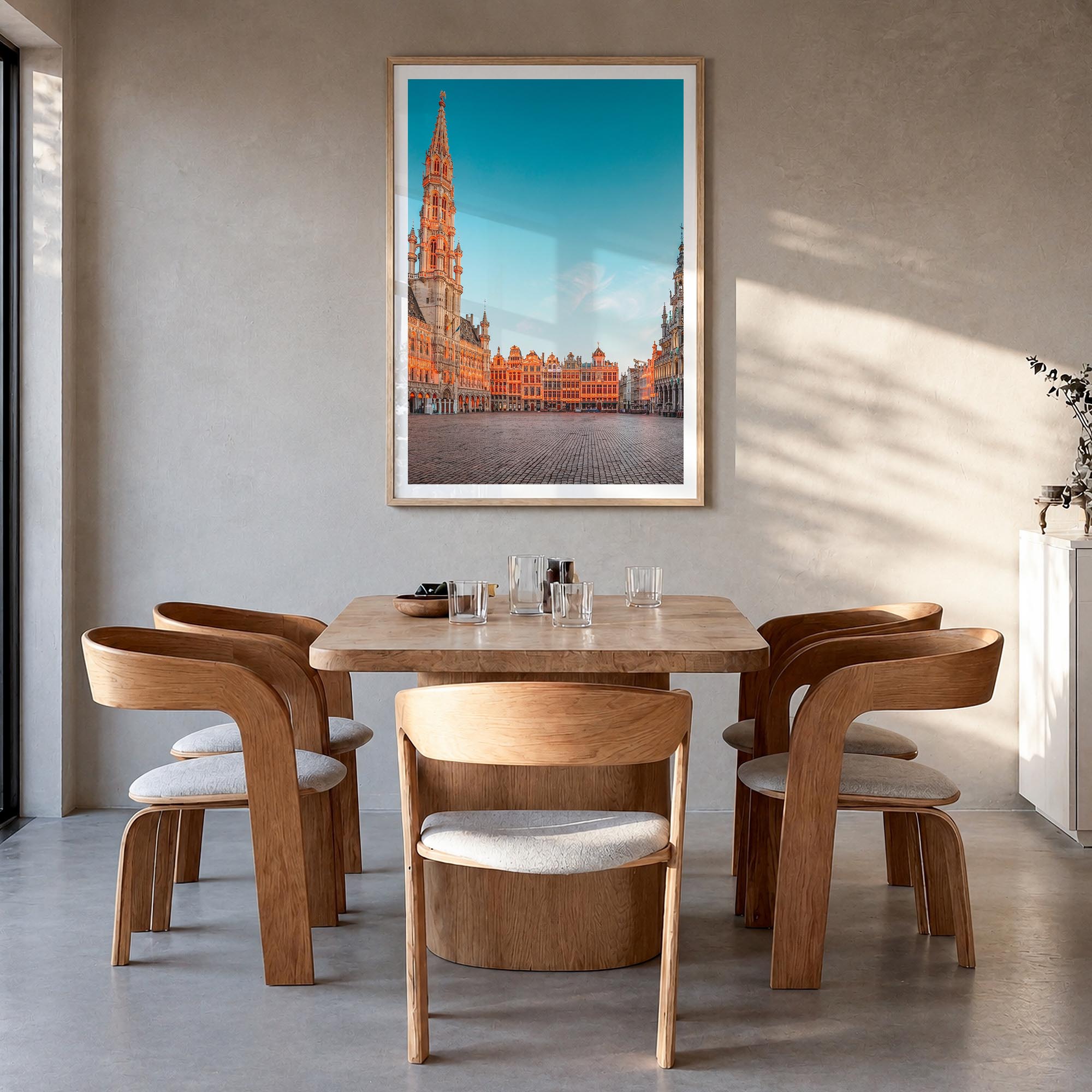 Brussels no. 1 colorful photo poster of Belgium – vertical wall art in natural wood frame with white border, hanging on wall