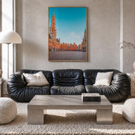 Brussels no. 1 colorful photo poster of Belgium – vertical wall art in natural wood frame, hanging on wall
