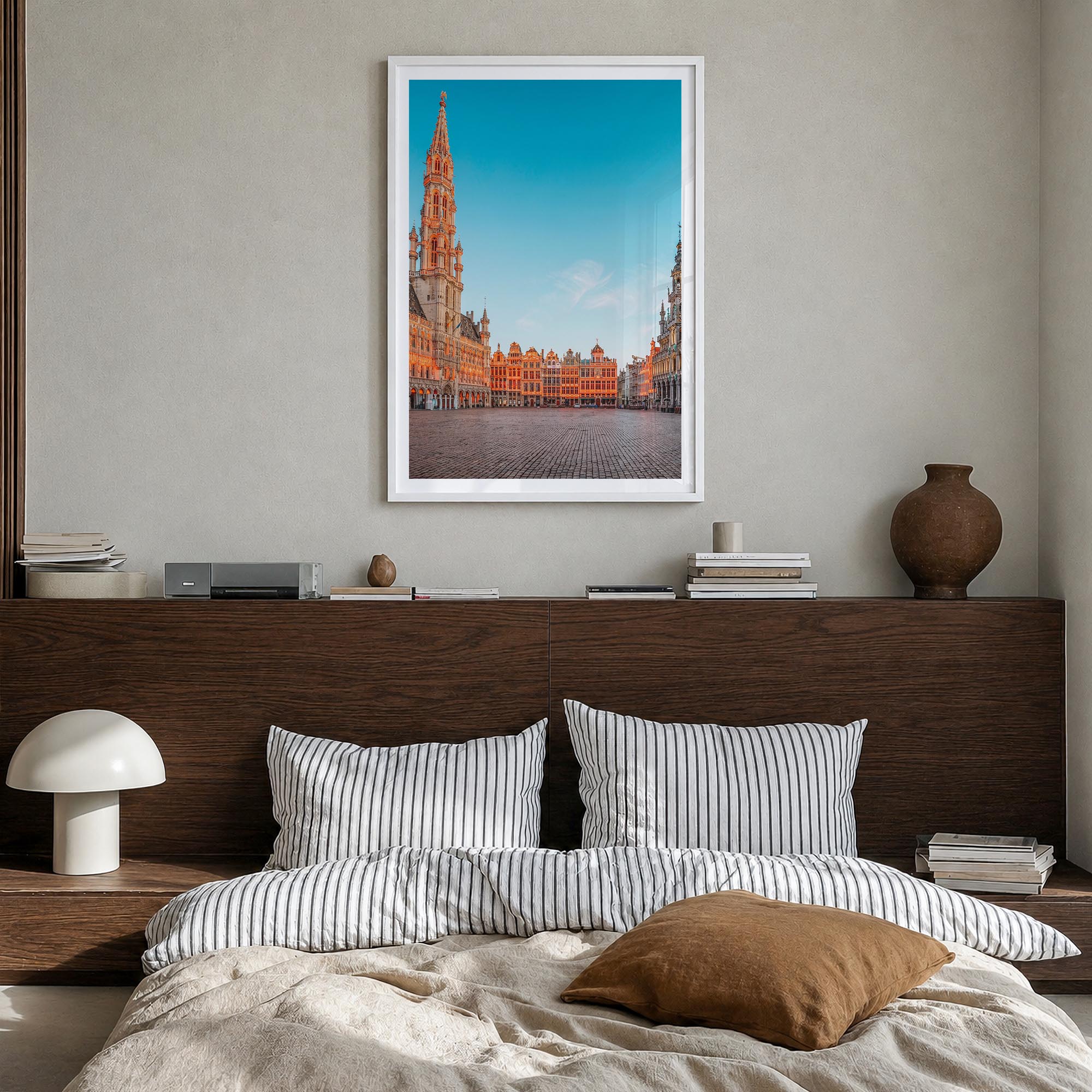 Brussels no. 1 colorful photo poster of Belgium – vertical wall art in white wood frame with white border, hanging on wall