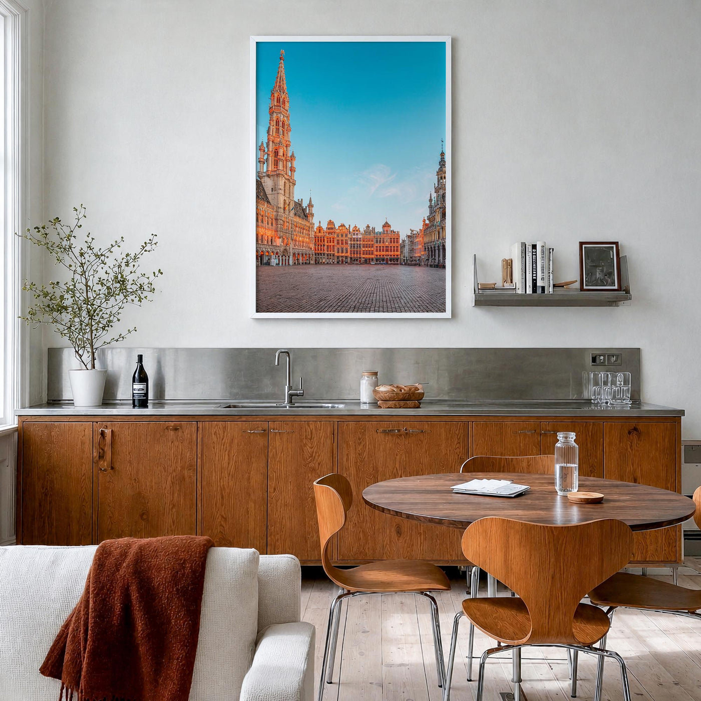 Brussels no. 1 colorful photo poster of Belgium – vertical wall art in white wood frame, hanging on wall