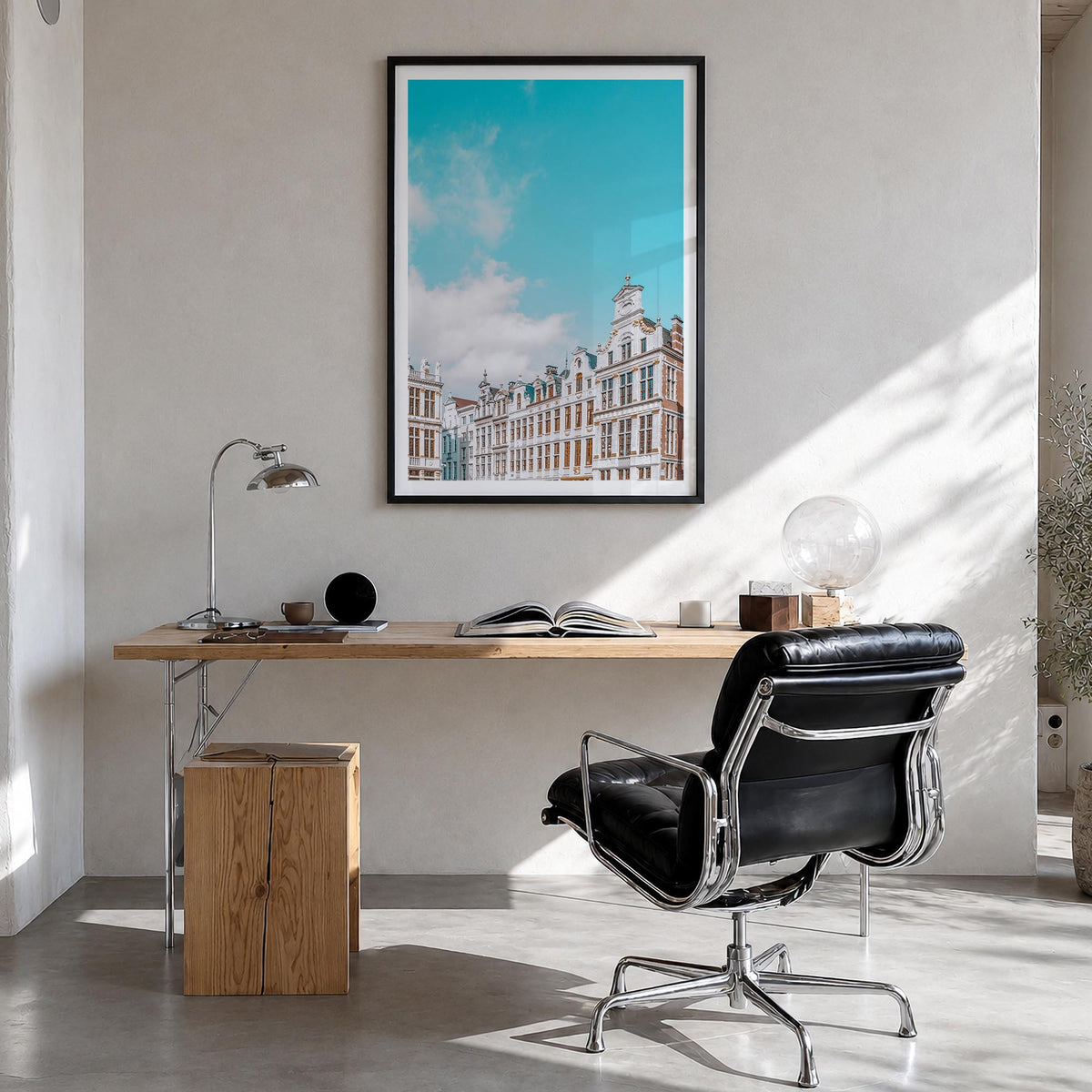 Brussels no. 2 colorful photo poster of Belgium – vertical wall art in black wood frame with white border, hanging on wall