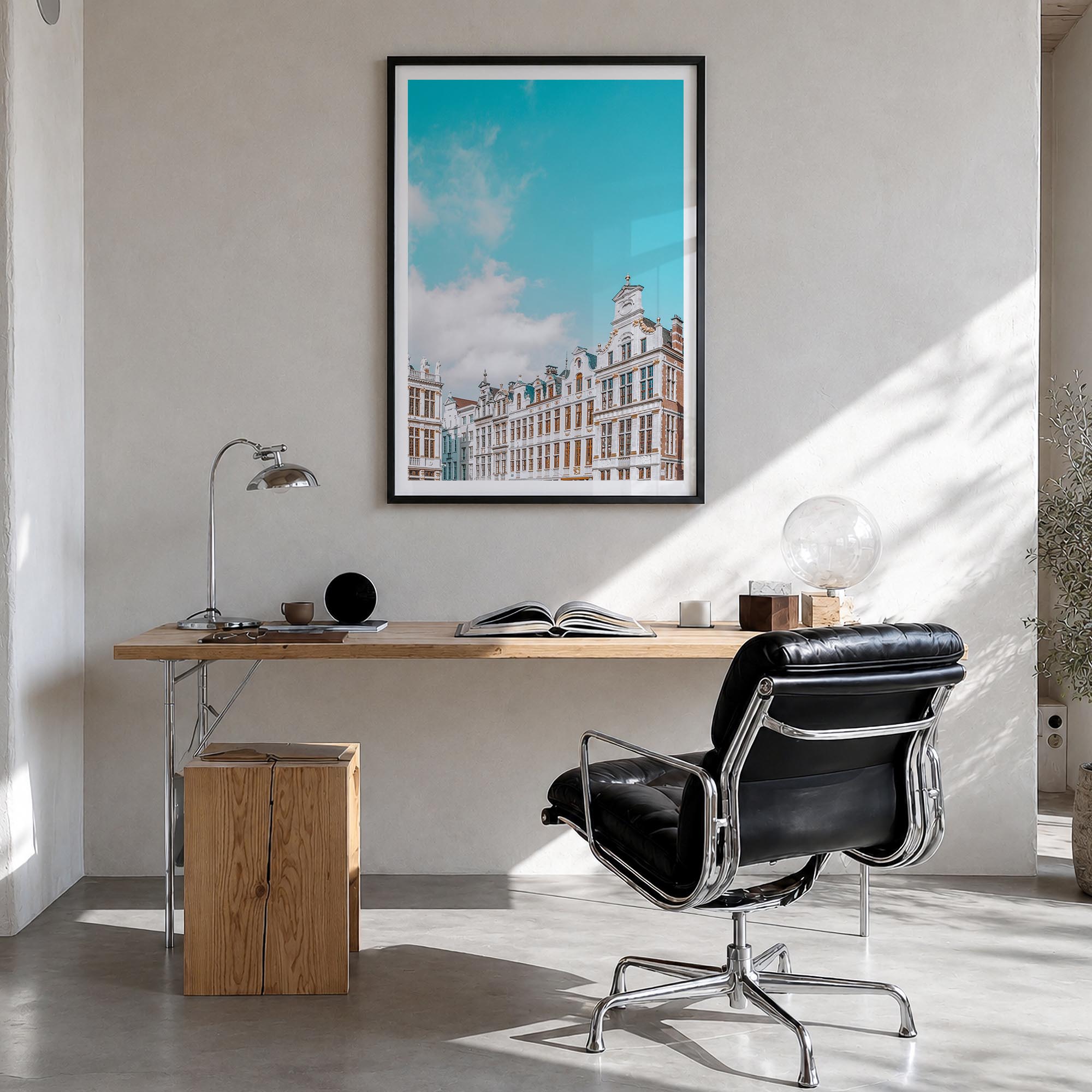 Brussels no. 2 colorful photo poster of Belgium – vertical wall art in black wood frame with white border, hanging on wall