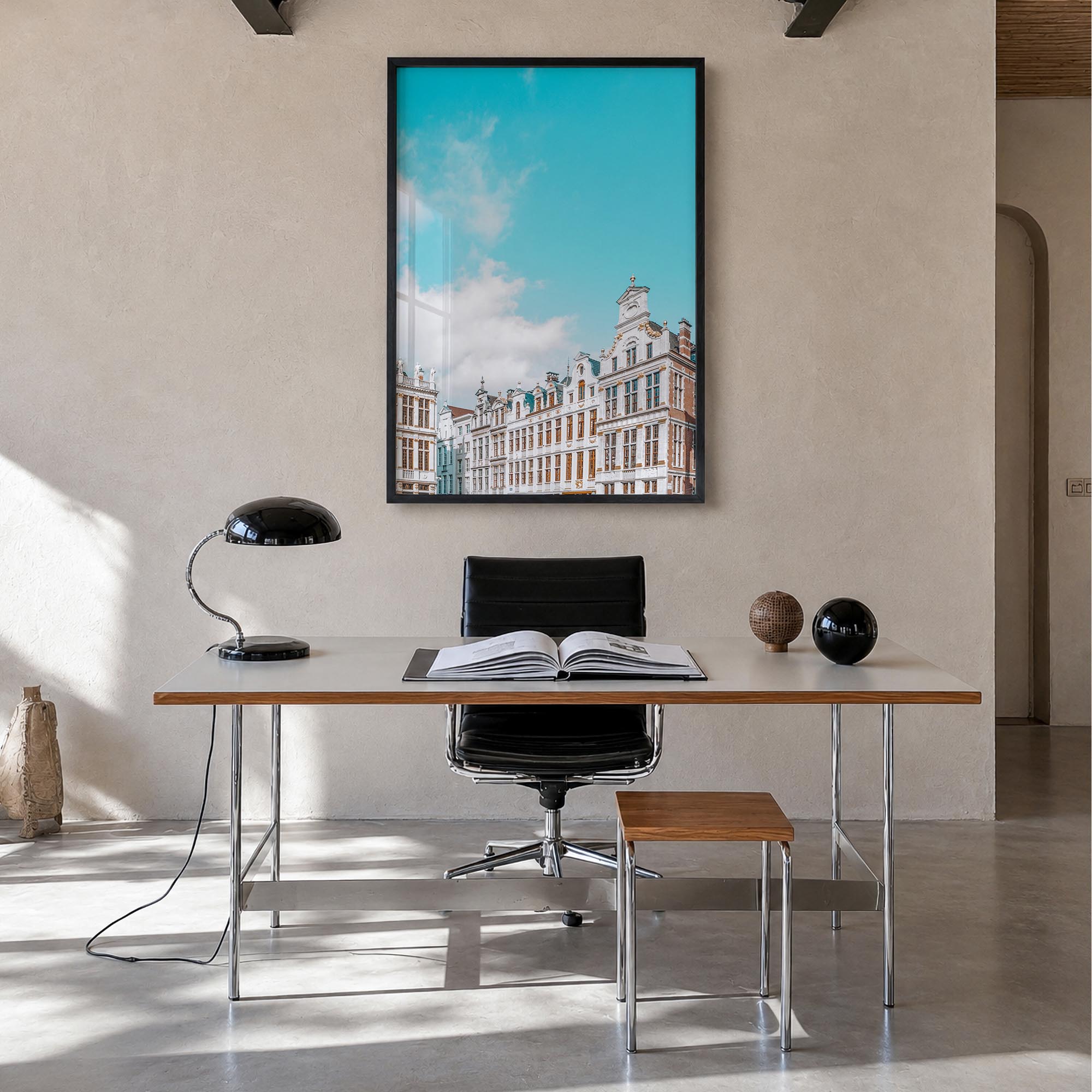 Brussels no. 2 colorful photo poster of Belgium – vertical wall art in black wood frame, hanging on wall