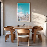 Brussels no. 2 colorful photo poster of Belgium – vertical wall art in natural wood frame with white border, hanging on wall