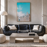 Brussels no. 2 colorful photo poster of Belgium – vertical wall art in natural wood frame, hanging on wall