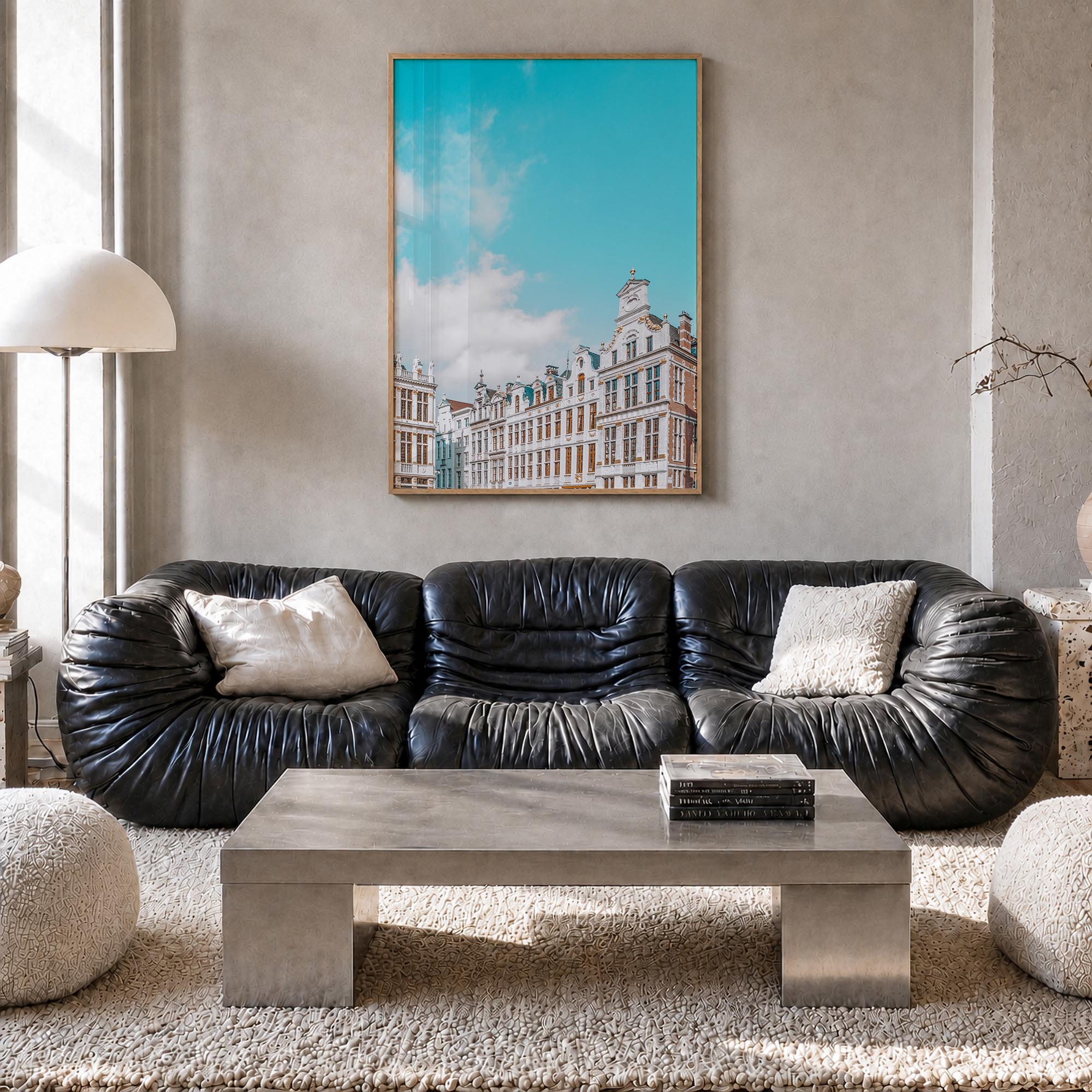 Brussels no. 2 colorful photo poster of Belgium – vertical wall art in natural wood frame, hanging on wall