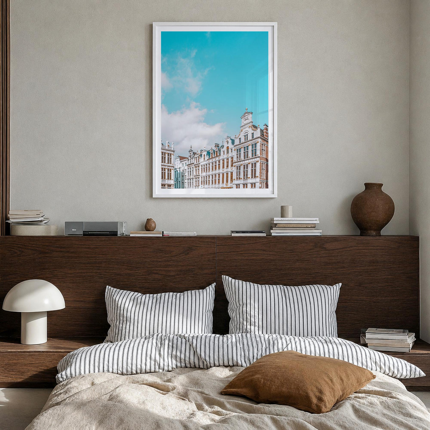 Brussels no. 2 colorful photo poster of Belgium – vertical wall art in white wood frame with white border, hanging on wall